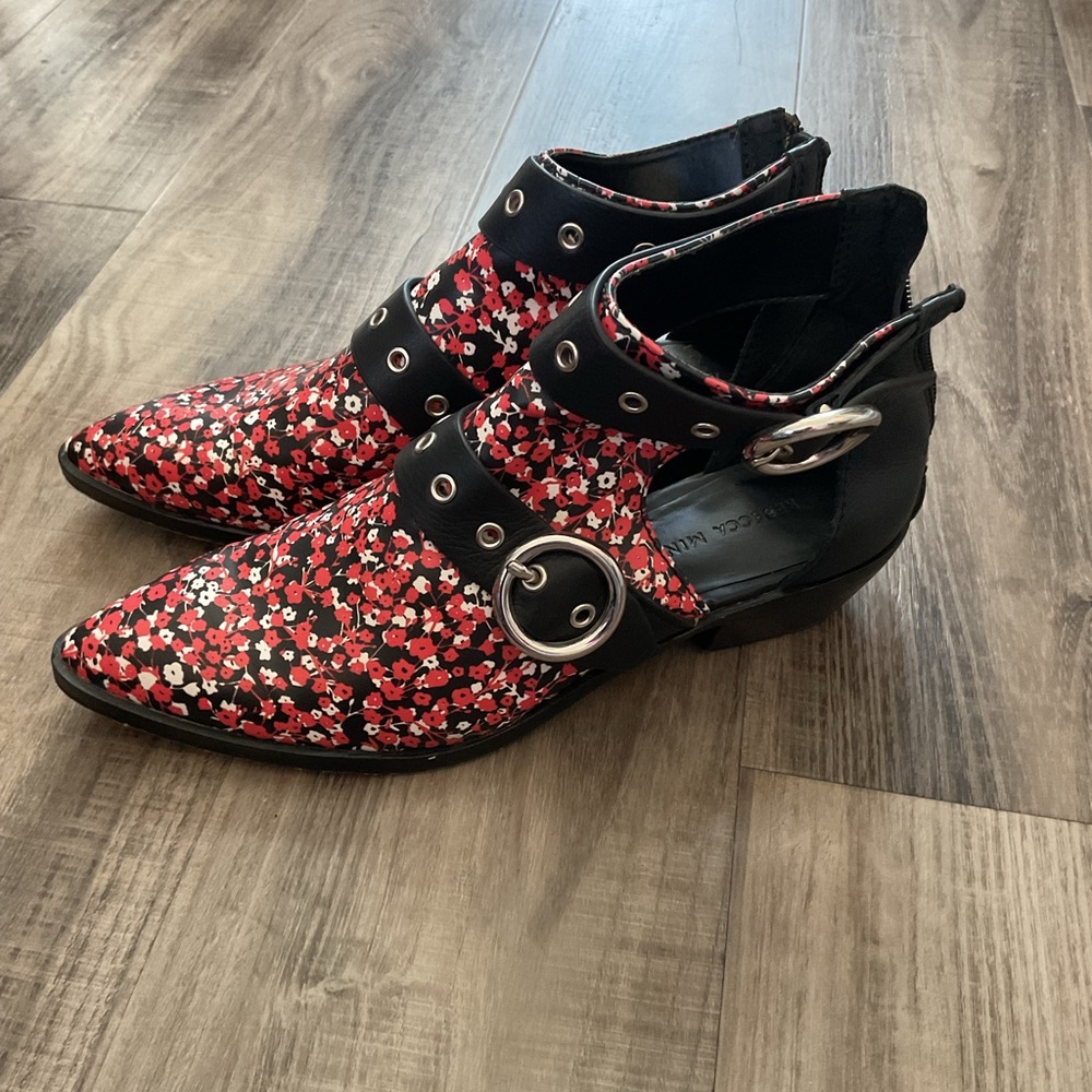 Rebecca Minkoff Kianna Cut Out Red Floral Double Buckle Ankle Boots 6.5